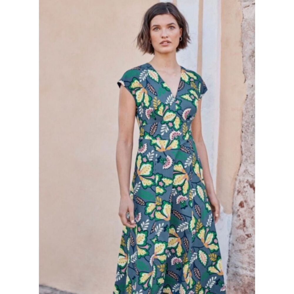 Boden Natasha Floral Print V-Neck Cotton Dress Retro 50s Style Size 10 Petite